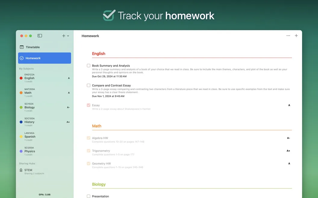 Subjects screenshot 2